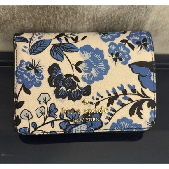 Kate Spade Madison Vase Floral Printed Med Blue White Leather Wallet - Picture 2 of 11